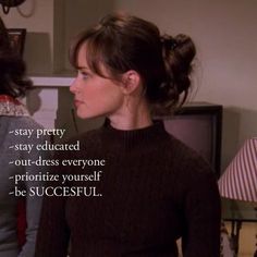 two women standing next to each other in front of a tv screen with the caption stay pretty stay educated out - dress everyone prioritize yourself be successful