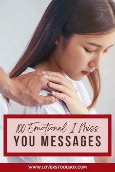 a woman holding her neck in pain with the text, 10 international i miss you messages