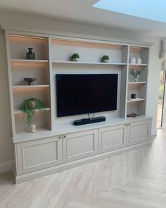 an entertainment center with built - in shelving units and plants on the top shelf