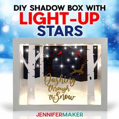 an advertisement for a christmas light - up show with the words, diy shadow box with stars