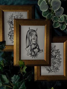 three framed pictures with flowers and plants in them