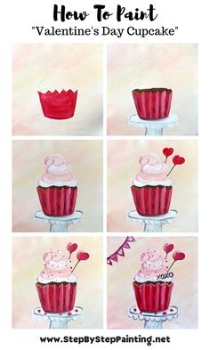 how to paint valentine's day cupcakes with step by step drawing instructions