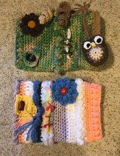 two crocheted items are laying on the floor next to each other, one has an owl