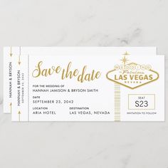 a white and gold las vegas wedding save the date ticket