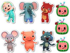 several stickers with different animals and faces on them, all in various shapes and sizes