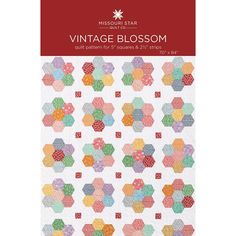 the vintage blossom quilt pattern is shown in multicolored hexagons on white