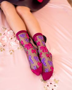 You can't have too many bows this year! Our elegant black sheer bow socks feature a variety of jewel toned bows to deck out your feet. We took this style to the next level with a giant black bow adorned at the back of the ankle, perfect for peeking out from your Winter boots. Add a feminine touch to your Valentine's Day outfit! One Size. Recommended fit US W5.5-10. 200 Needle Count. ✨ Funky yet elegant - no silly or childish patterns 🧦 Premium quality - durably made with comfortable stretch 👗 Fancy Socks, Bow Socks, Dita Von Teese Lingerie, Plus Size Tights, Sheer Socks, Blue Socks, Thigh High Socks, Fredericks Of Hollywood, Valentine's Day Outfit