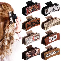 PRICES MAY VARY. Rustic Aesthetics and Exquisite Appeal: experience a subtle nod to western inspiration with 8 western hair clips, mainly available in the nostalgic shades of brown, black, and beige, the rectangle clips draw the feel of the west, these classic colors easily blend with various hair shades, and designed with double side patterns, namely cow, floral, letter, card, cowgirl and other western type prints Ideal Blend of Beauty and Functionality: step out in style with our western leath Cowgirl Gifts Ideas, Western Hair Clips, Western Hair Accessories, Western Claw Clips, Western Boutique Display, Western Christmas Gifts, Western Gift Ideas, Country Hairstyles, Western Type