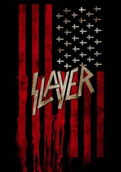 an american flag with the word slayer written on it in white and red ink, against a black background