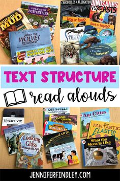 there are many books on the table with text that says, text structure read alouds