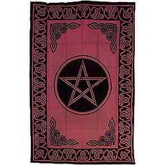 a red and black wall hanging with a pentagramil on it's side