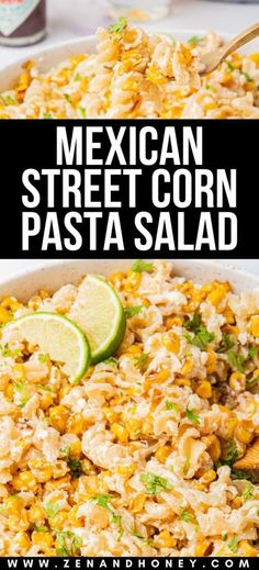 mexican street corn pasta in a white bowl with lime wedges