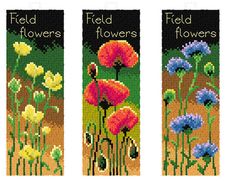 three cross stitch bookmarks with different flowers on each one and the words field flowers