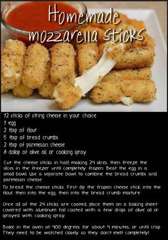 the recipe for homemade mozzarella sticks is shown