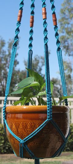 a potted plant hanging from a blue rope with a wooden bead around it