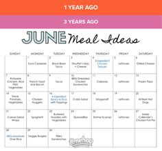 the june meal ideas calendar is shown in pink and orange, with text that reads 1 year ago