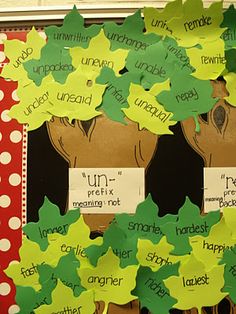 a bulletin board with green leaves on it and words that spell out the word fun