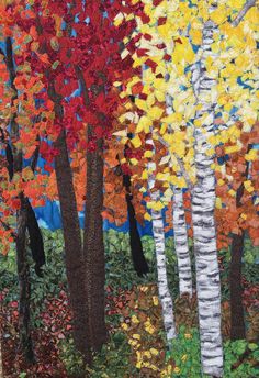 a painting of trees with autumn leaves on them