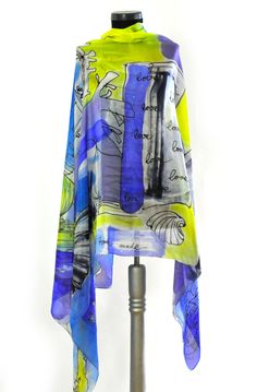 Hand painted silk shawl/Painting abstract shawl/Luxury silk scarf/Long woman sarong/Shawl in blue and yellow/Painting by hand abstract shawl by GABYGA on Etsy Elegant Blue Dupatta With Digital Print, Blue Silk Dupatta With Digital Print, Artistic Blue Silk Scarves, Artistic Blue Silk Scarf, Shawl Luxury, Paint Splatter Dress, Painted Fashion, Family Clothes, Luxury Silk Scarves