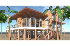 a 3d rendering of a house on the beach with palm trees and stairs leading up to it