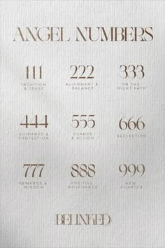 a sheet of paper with numbers on it and the words angel numbers written in gold