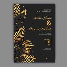 an elegant wedding card with gold leaves on black and gold foil, is the perfect example for