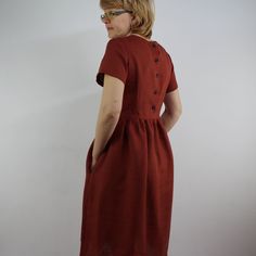 "Spring dress, Write the selected color in the message Handmade maroon dress with short sleeves and 2 pockets , perfect for casual wear and suitable for any occasion in any season Details: - 100% natural linen produced in Europe ; - medium weight (180 gram per square meter); - color: cinnamon, could be any from our colors catalog (color samples at the photo); Made to order, approximately a few days, If you have any questions please message me and I will be glad to answer. Size guide : Size XS Bu Short Sleeve Linen Dress With Pockets For Work, Brown Short Sleeve Dress With Pockets, Brown Daywear Dress With Pockets, Short Sleeve Linen Dress With Pockets For Daywear, Red Dresses With Pockets Relaxed Fit, Red Dresses With Pockets And Relaxed Fit, Red Linen Short Sleeve Dress For Summer, Red Short Sleeve Linen Dress For Summer, Brown Linen Dresses With Pockets