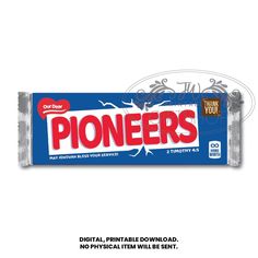 a candy bar with the word pioneers on it's front and back side in red,