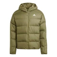 adidas Midweight Down Hooded Jacket 'Olive Green' IK3214 Sporty Hooded Jacket For Cold Weather, Sporty Solid Color Outdoor Puffer Jacket, Hooded Athleisure Puffer Jacket For Outdoor, Fall Sportswear Puffer Jacket For Outdoor, Adidas Green Outerwear For Streetwear, Fall Sportswear Puffer Jacket For Outdoor Activities, Sporty Green Long Sleeve Puffer Jacket, Sporty Green Long-sleeve Puffer Jacket, Fall Outdoor Sportswear Puffer Jacket