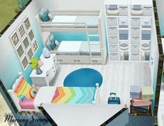 an aerial view of a bedroom and living room