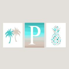 the letter p is made up of three different types of pineapples and palm trees