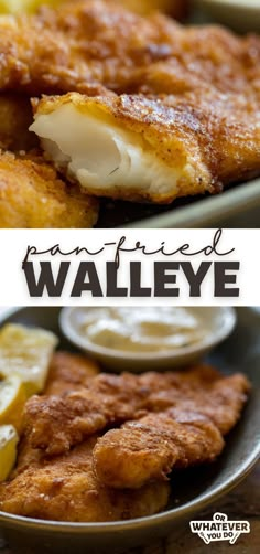 fried walleye is served with lemon wedges and sour cream sauce on the side