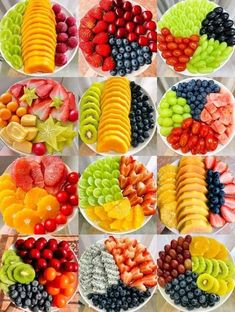 many different types of fruit are arranged on plates