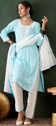 Blue color Salwar Kameez in Cotton fabric with Embroidered, Thread work Party Wear Salwar Kameez, Party Wear Salwar, Reception Lehenga, Trouser Suit, Blue Trousers, Thread Work, Trouser Suits, Trouser Pants, Powder Blue