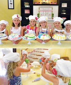 there are many children in chef hats and aprons at the table with cakes on it