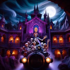 a car with skeletons on it in front of a castle and full moon filled sky