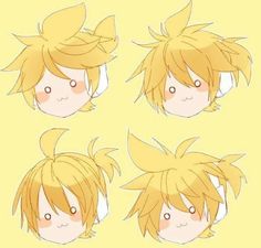 four different angles of an anime character's head with blonde hair and big eyes