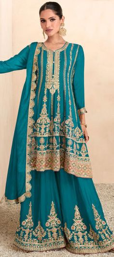 Blue color Salwar Kameez in Art Silk fabric with Embroidered, Sequence, Thread work Gharara Suits, Plazzo Suits, Palazzo Suit, Salwar Kameez Online, Sharara Suit, Salwar Kamiz, Ghagra Choli, Party Kleidung, Anarkali Suit