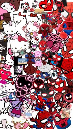 a bunch of cartoon character stickers on a white background with hello kitty and spiderman