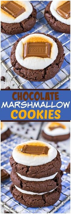 chocolate marshmallow cookies are stacked on top of each other with the words, chocolate marshmallow cookies