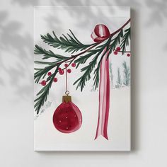 a painting of a christmas ornament hanging from a tree branch with a red ribbon