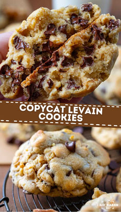 chocolate chip cookies with text overlay that says copycat leviian cookies on top