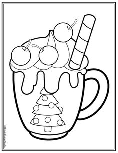 a coloring page with an ice cream sundae and candy cane on it, in black and white