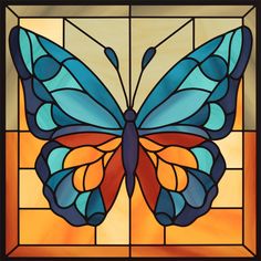 a stained glass window with a butterfly on it's wings and the colors of blue, red, orange, and yellow