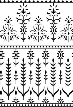 a black and white pattern with flowers, leaves and dots on the bottom half of it