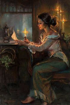 a painting of a woman sitting at a table with a candle in her hand and looking out the window