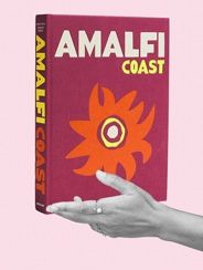 a hand holding a book with the title amalfi coast written in red and yellow