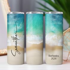 three personalized tumbles sitting on a table next to a potted palm tree