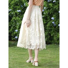 Discover Elegance and Comfort Step into summer with grace and style with our Elegant Floral Lace A-Line Skirt. Perfectly designed to flatter a pear-shaped body, this mid-calf skirt combines timeless elegance with contemporary fashion trends. The intricate lace embroidery adds a touch of sophistication, making it an essential addition to your summer wardrobe. Product Features Made from high-quality polyamide, this skirt features a natural waistline that enhances your silhouette while the non-stretch fabric ensures a structured and flattering fit. The floral lace pattern is not just beautiful; it's a testament to expert craftsmanship and attention to detail. When to Wear This versatile skirt is ideal for various summer occasions. Whether you're attending a casual outdoor event or a more form Spring A-line Voluminous Maxi Skirt, Feminine Beige Lace Skirt, Beige Lace Long Skirt, Summer Beige Lace Maxi Skirt, Casual Long Lace Skirt, Beige Flowy Lace Skirt, Elegant Lined Skirt For Brunch, Elegant Relaxed Skirt For Brunch, Chic Summer A-line Maxi Skirt