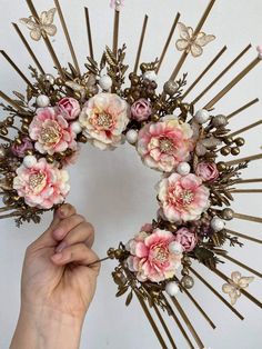 Unique flower halo crown made from textile flowers in pink and peach color with butterfly... Custom made design #wedding #weddinginspiration #bridetobe #weddingday #weddingdesigner #headpiece #headband #bridalcrown #flowercrown #bohobride #goldencrown #butterflycrown #halo #haloheadband #haloheadpiece #halocrown #metgala #metgalacrown #metgalaaccessories #suncrown Flower Headpiece Costume, Fall Crown, Textile Flowers, Creative Costume, Higher Art, Butterfly Crown